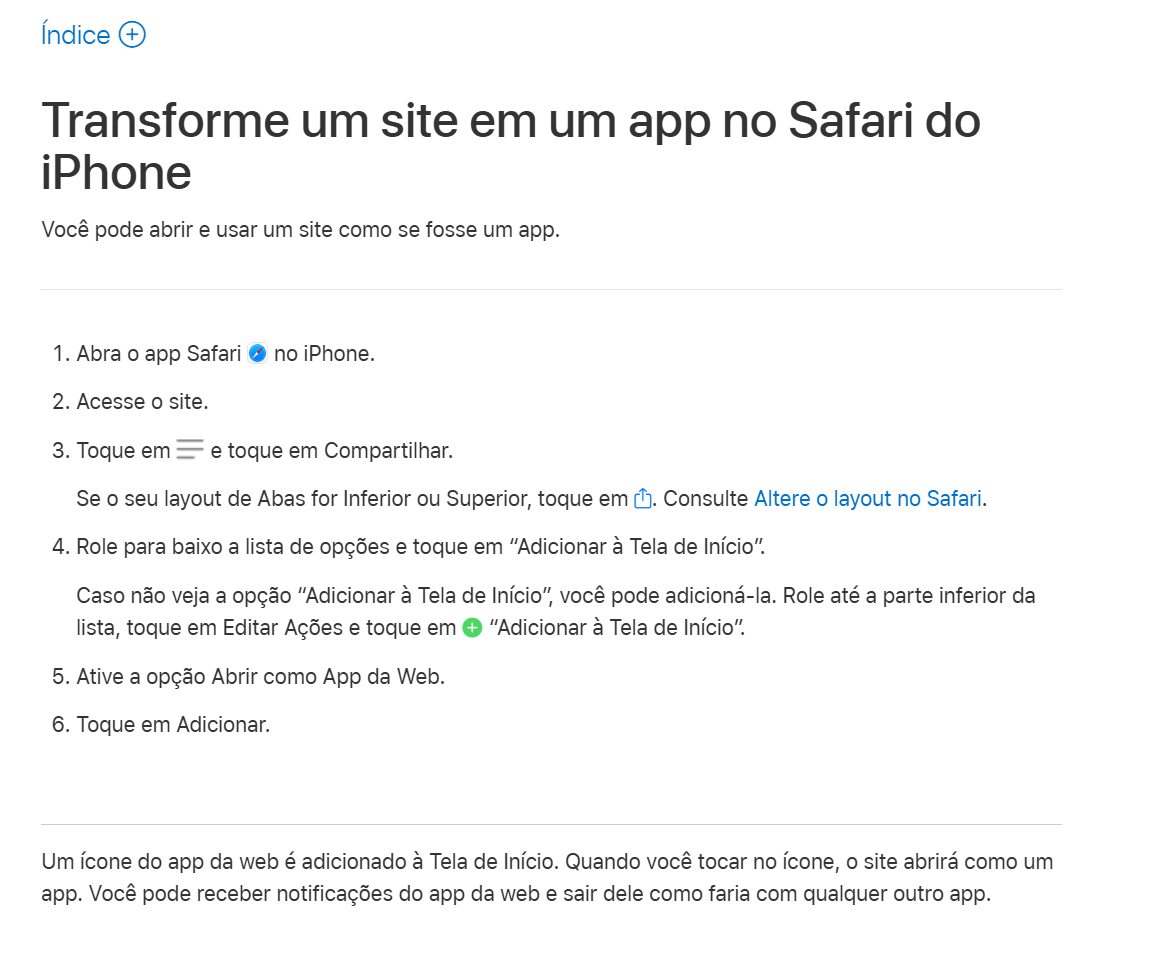 Tutorial do Safari mostrando como adicionar um site à Tela de Início do iPhone